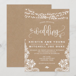 Kraft-Spitzen und Lichter Rustikale Hochzeit Einla Einladung