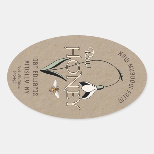 Kraft Spring Honey Label mit Snowdrop-Blume Ovaler Aufkleber (Vorderseite)