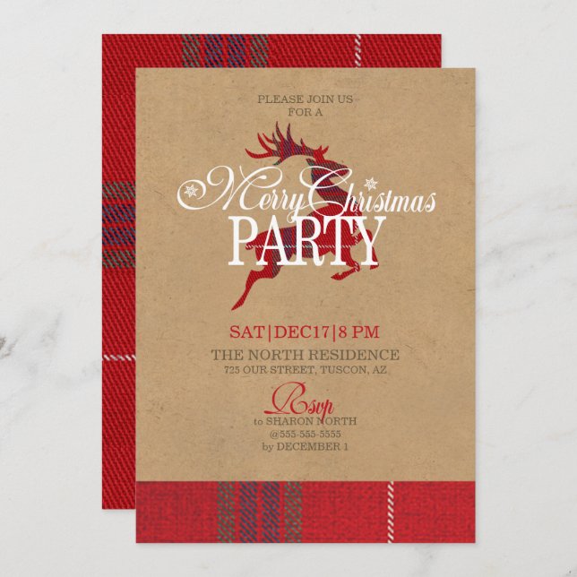 Kraft & Tartan Reindeer Weihnachts-Party ID589 Einladung (Vorne/Hinten)