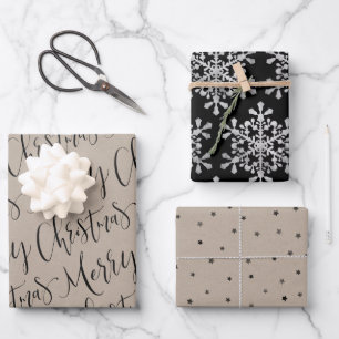 Kraft und Schwarz Frohe Weihnachtsschneeflocken St Geschenkpapier Set