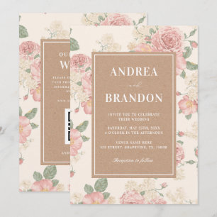 Kraft Vintage Rosa Rosengarten QR-Code Hochzeit Einladung