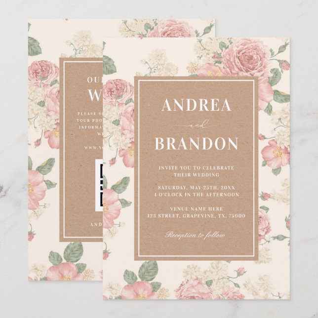 Kraft Vintage Rosa Rosengarten QR-Code Hochzeit Einladung (Vorne/Hinten)