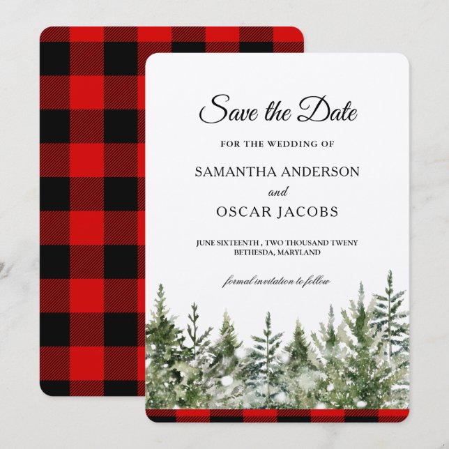 Kraft Wasserfarben Pine Trees & Red Buffalo Karier Save The Date (Vorne/Hinten)