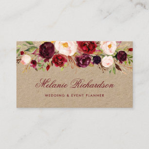 Kraft Watercolor Burgunder Marsala Floral Visitenkarte