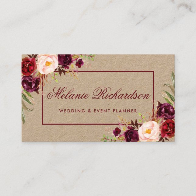 Kraft Watercolor Burgundy Marsala Floral Visitenkarte (Vorderseite)