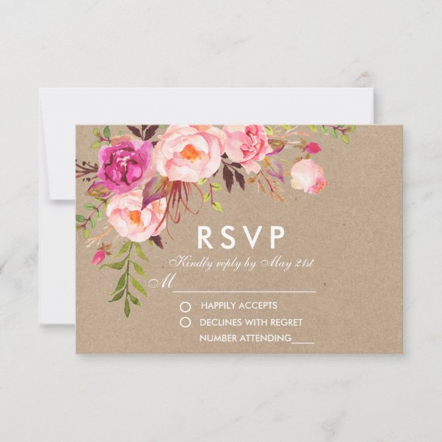 Kraft Watercolor Floral Pink UAWG Wedding RSVP Karte (Vorderseite)