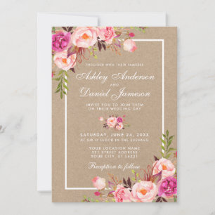 Kraft Watercolor Pink Blush Blues Hochzeit einlade