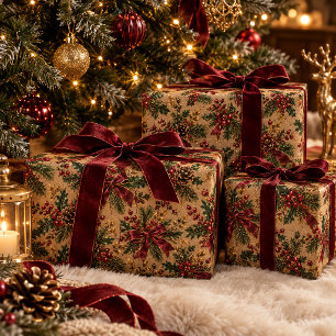 Kraft-Weihnachts-Botanik-Muster – Burgunder-Schlei Geschenkpapier