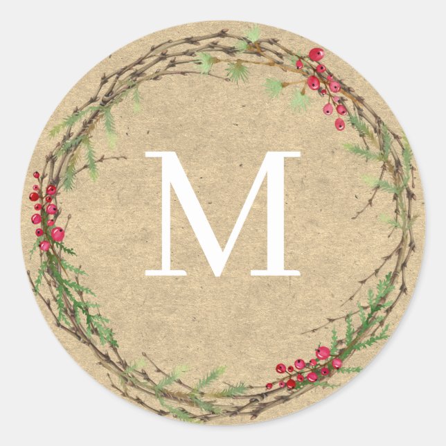 Kraft-Weihnachtskranz-Monogrammsiegel Runder Aufkleber (Vorderseite)