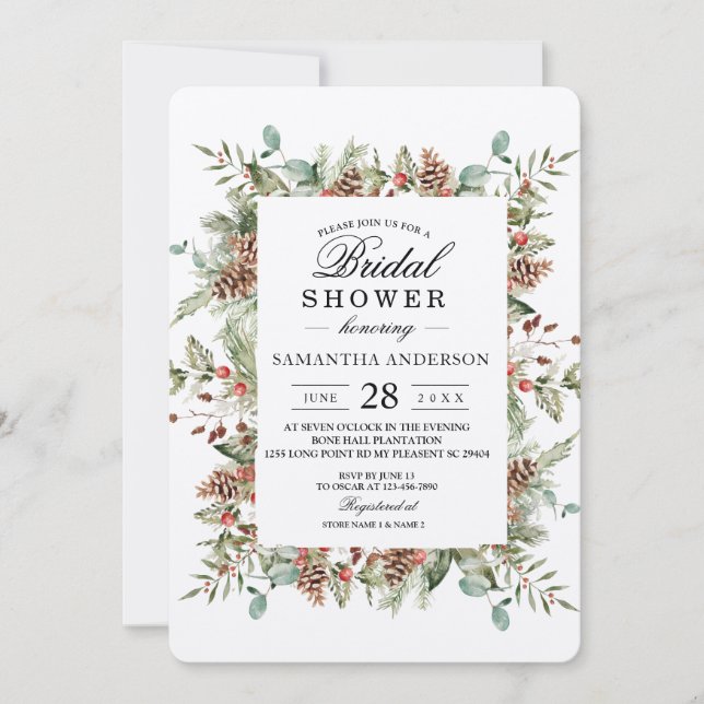 Kraft Winter Green Pine Cone Frame Einladung (Vorderseite)