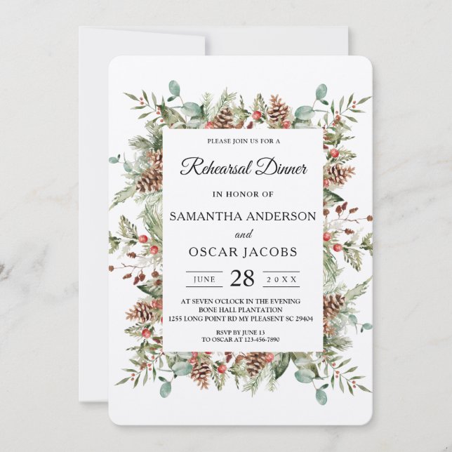 Kraft Winter Green Pine Cone Frame Einladung (Vorderseite)