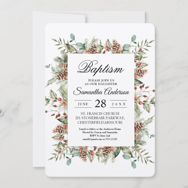 Kraft Winter Green Pine Cone Frame Einladung (Vorderseite)