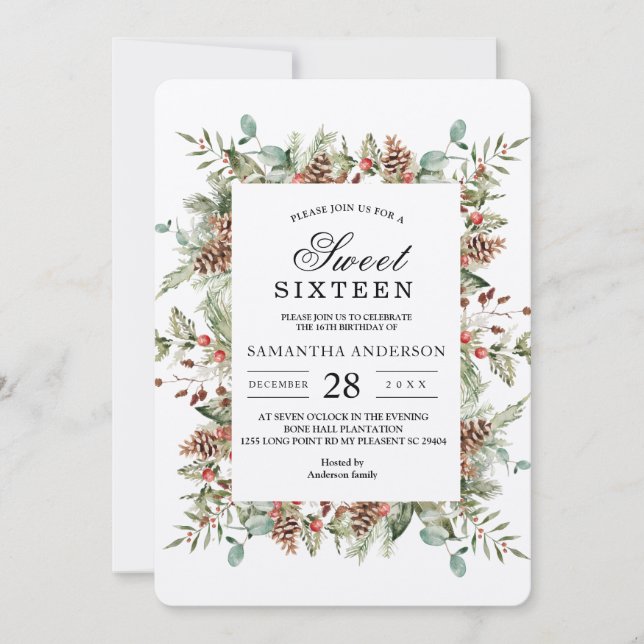 Kraft Winter Green Pine Cone Frame Einladung (Vorderseite)