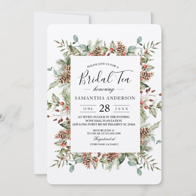 Kraft Winter Green Pine Cone Frame Einladung (Vorderseite)