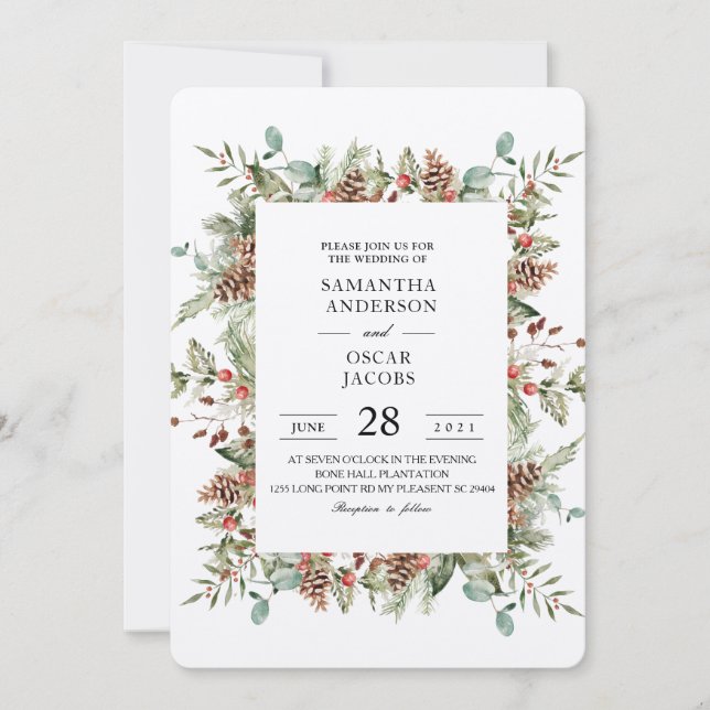 Kraft Winter Green Pine Cone Frame Einladung (Vorderseite)