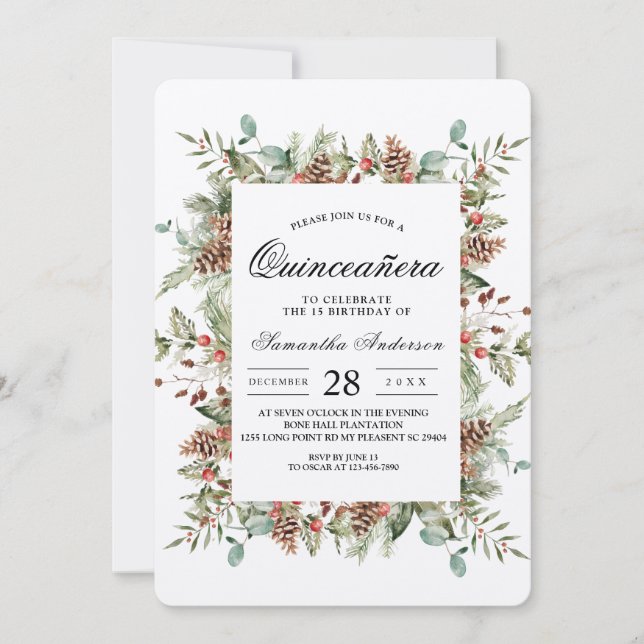 Kraft Winter Green Pine Cone Frame Einladung (Vorderseite)