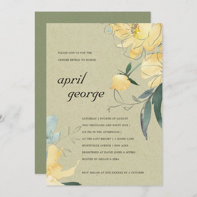 KRAFT YELLOW GREEN FLORAL GENDER REVEITE EINLADEN DANKESKARTE (Vorne/Hinten)