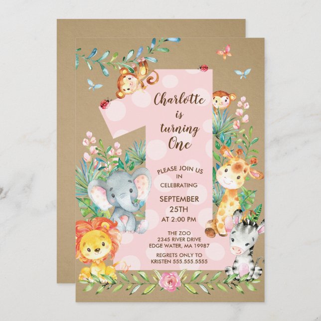 KraftJungle Big One Girls Einladung zum Geburtstag (Vorne/Hinten)