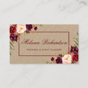 Kraftpapier-Aquarell Burgunder Marsala mit Blumen Visitenkarte