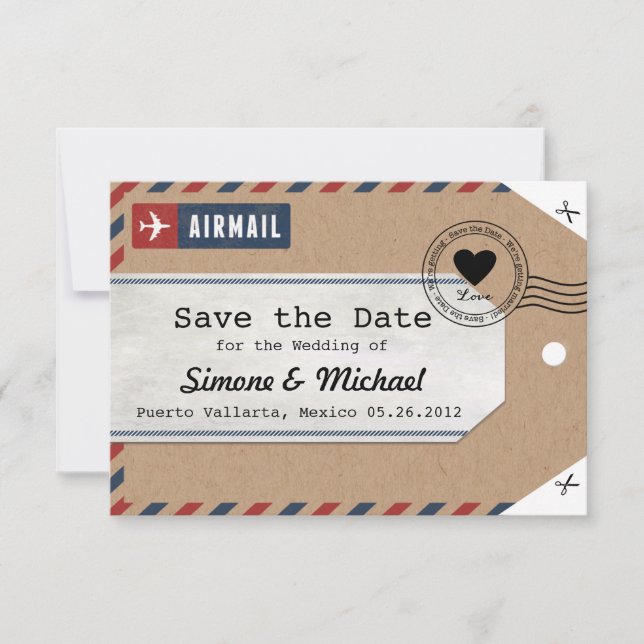 Kraftpapier Luftpost-Gepäckanhänger Save the Dates Date (Vorderseite)