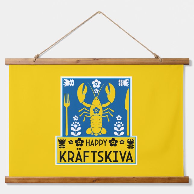 Kräftskiva - Schwedisches Krakischefisch-Party Wandteppich Mit Holzrahmen (Vorne)