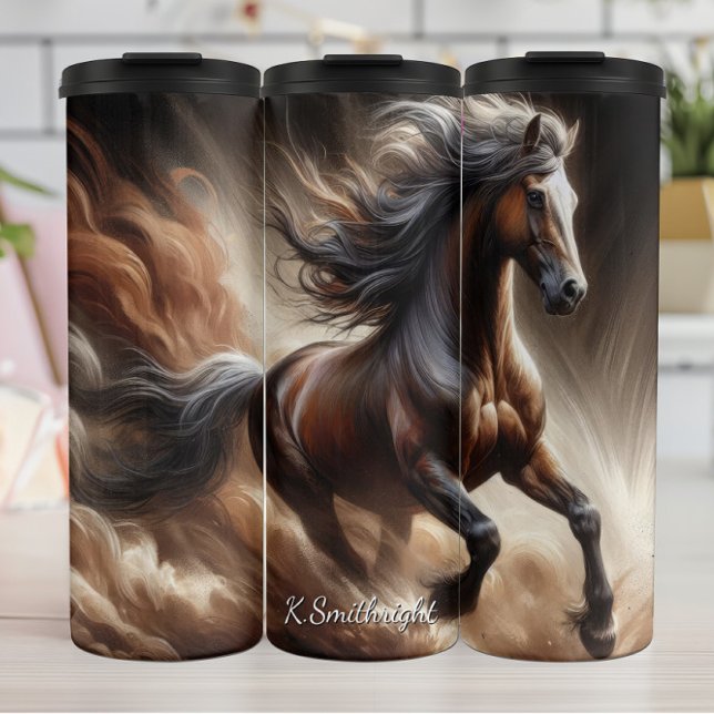 Kraftvolles braunes Pferd Staubgalopp Thermosbecher (Von Creator hochgeladen)