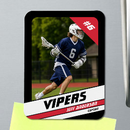 Kraftvolles rotes schwarzes Lacrosse-Spieler-Foto- Magnet