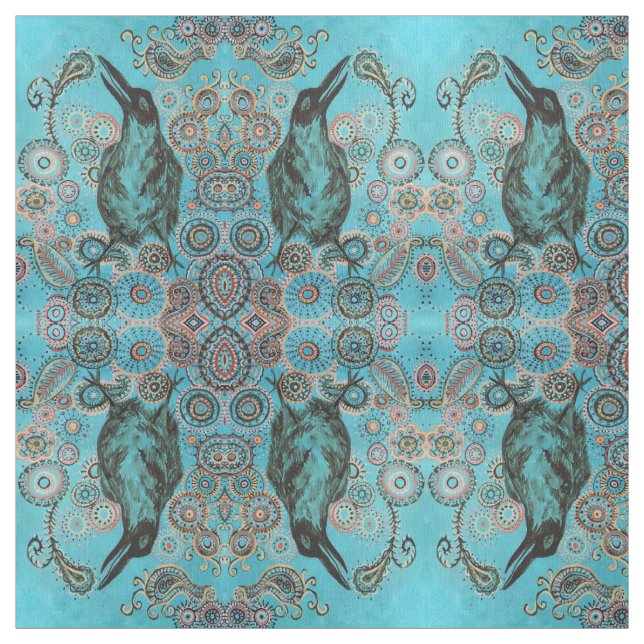 Krähe auf blauem Gewebe Stoff (Muster)