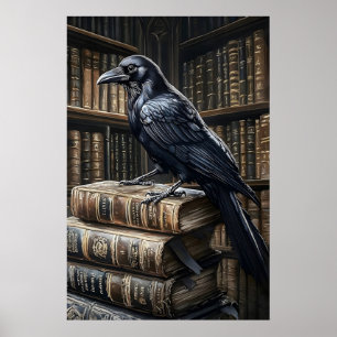Krähe auf Büchern Vintage-Kunstprint, Dark Academi Poster