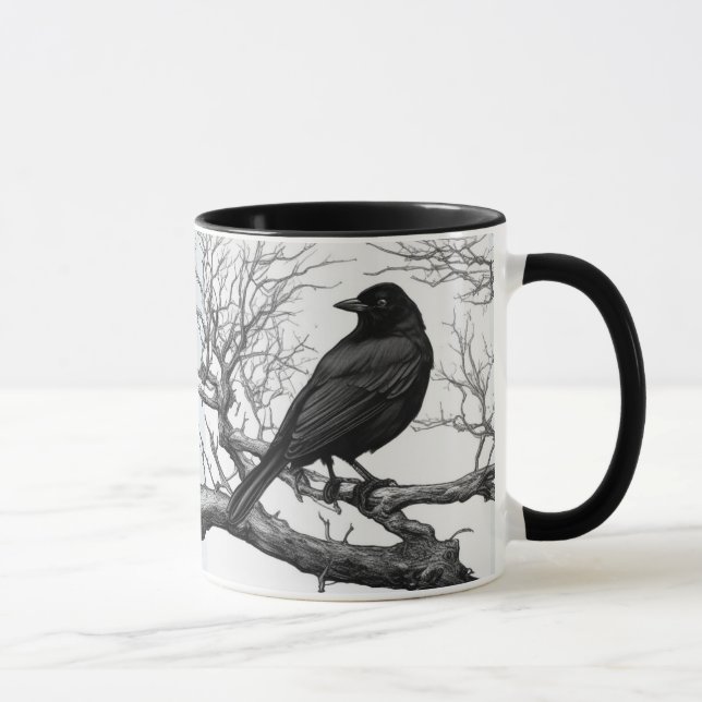 Krähe auf kahlen Winterzweigen sitzend Tasse (Rechts)