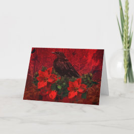 Krähe auf Poinsettias und Feiertagskarte