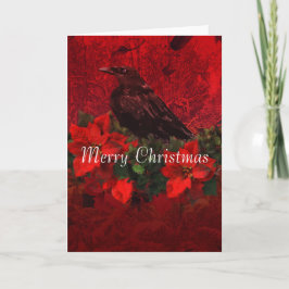Krähe auf Poinsettias und Feiertagskarte