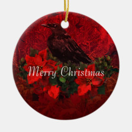 Krähe auf Poinsettias und Keramik Ornament