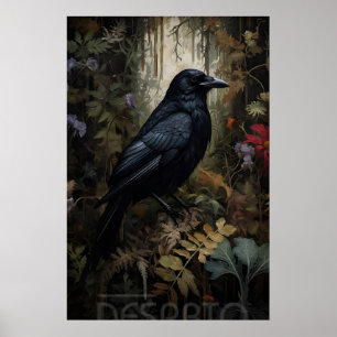 Krähe im Wald Druckbar, Porträt einer Rabenwand Poster