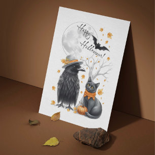 Krähe & Katze Herbst Halloween Karte Postkarte