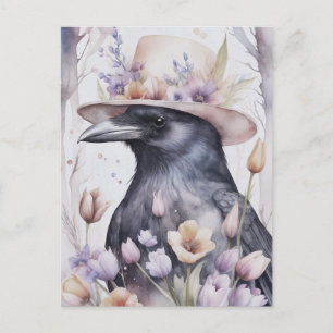 Krähe mit Hut im Frühling mit Blumen Watercolor Postkarte