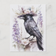 Krähe Rabe Crow mit Hut und Blumen Watercolor