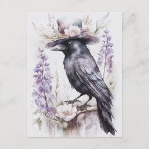 Krähe Rabe Crow mit Hut und Blumen Watercolor Postkarte