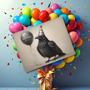 Krähe starrt auf einen 'Happy Birthday'-Ballon in  Postkarte
