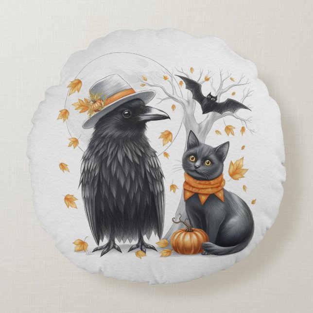 Krähe und Katze Halloween Herbst Crow  Rundes Kissen (Vorderseite)