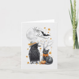 Krähe und Katze Herbst Halloween Crow Grußkarte Dankeskarte