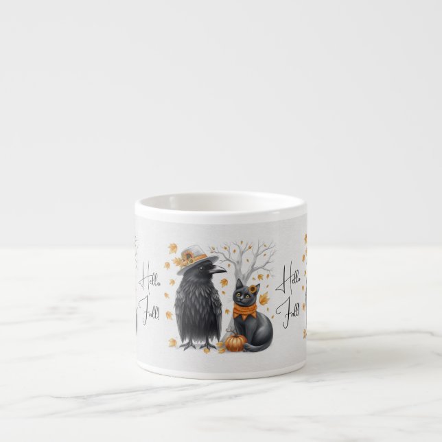 Krähe und Katze im Herbst „Hello Fall“ Crow Espressotasse (Vorderseite)