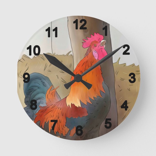 krähender Hahn Runde Wanduhr (Vorderseite)
