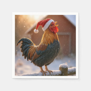 Krähender Weihnachtshahn mit Santa-Hut Serviette
