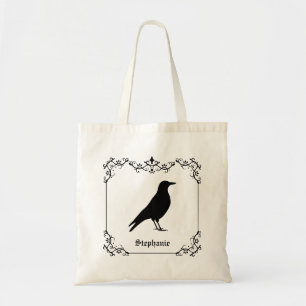 Krähenvogelsilhouette und dekorative Schwünge Tragetasche