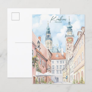 Krakau Polen Gouache-Mal-Illustration Reise Postkarte