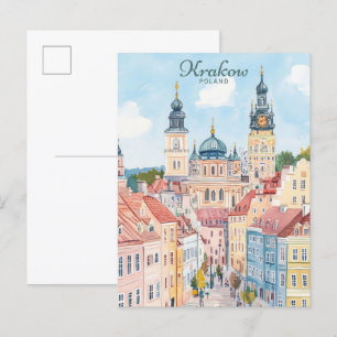 Krakau Polen Gouache Paint Illustration Travel Postkarte