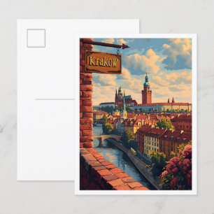Krakau Polen Vintage Kunstreise Illustration Postkarte