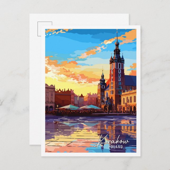 Krakau Polen Vintage Reise Illustration Postkarte (Vorne/Hinten)
