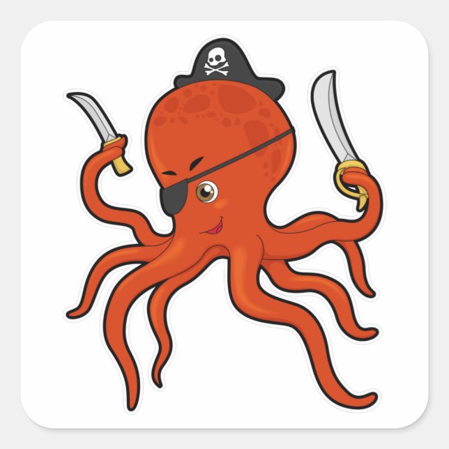 Kraken als Piraten mit Schwert und Messer Quadratischer Aufkleber (Vorderseite)